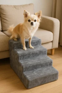 Kleine hond gebruikt een hondentrap om op de bank te klimmen