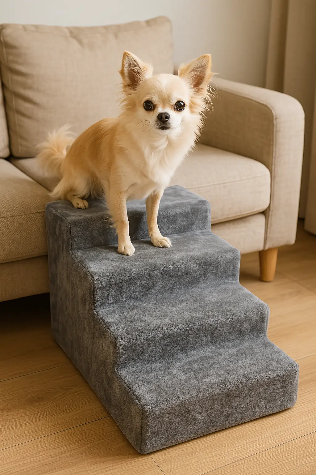 Kleine hond gebruikt een hondentrap om op de bank te klimmen