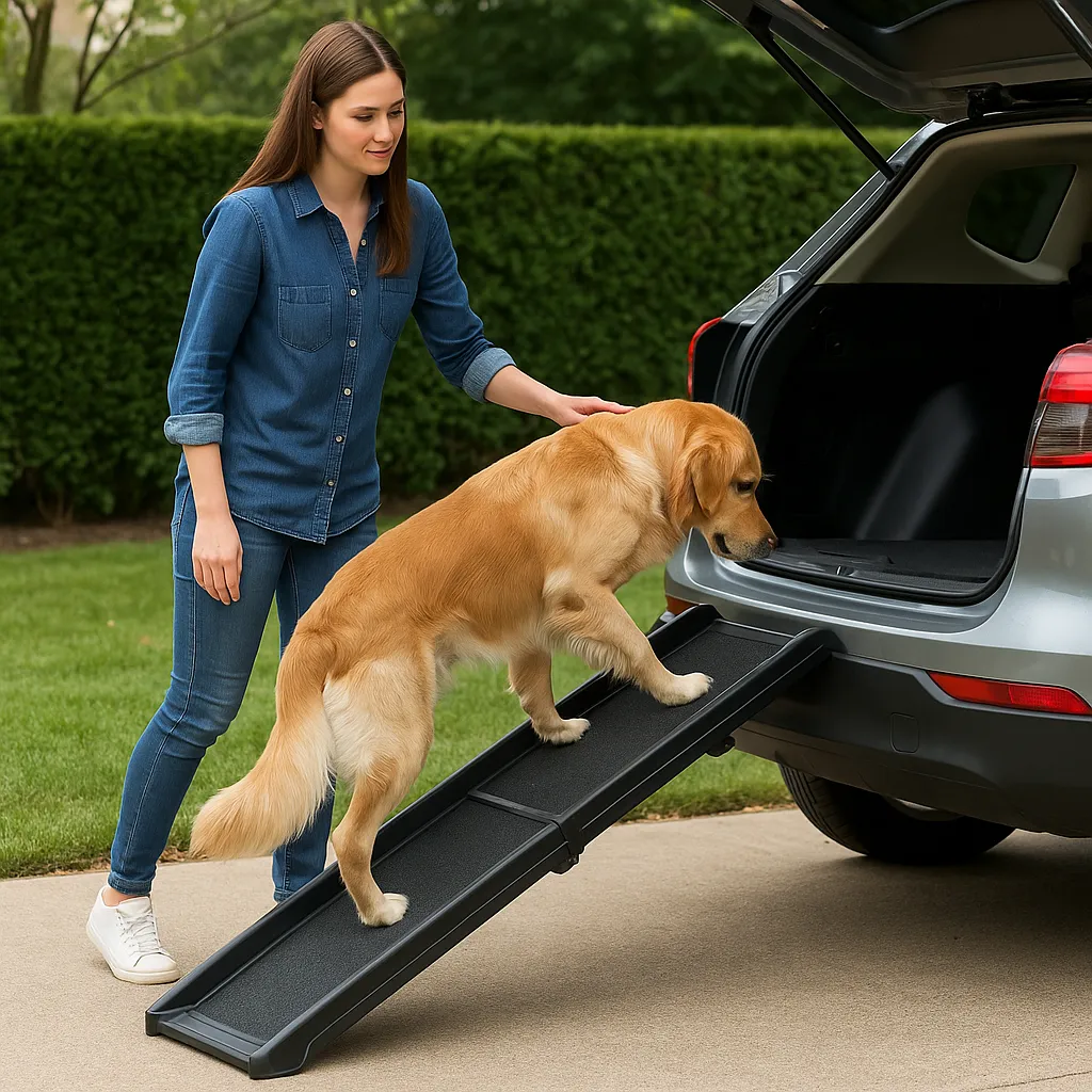 Baasje helpt hond rustig de hondenloopplank op