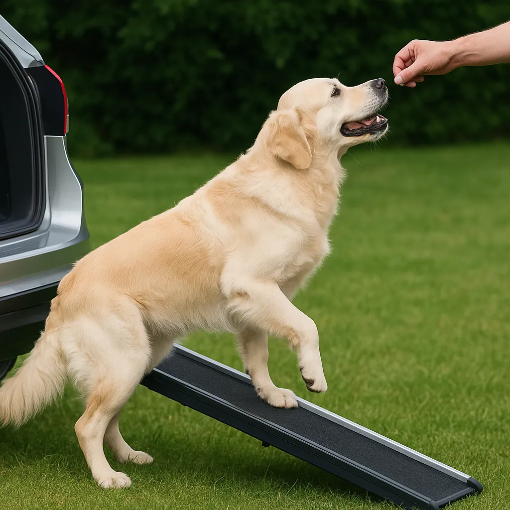 Hond wordt beloond tijdens het oefenen met de hondenloopplank