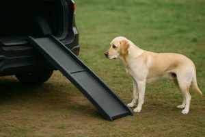 Een labrador kijkt aarzelend naar een hondenloopplank die tegen de achterbak van een auto staat.